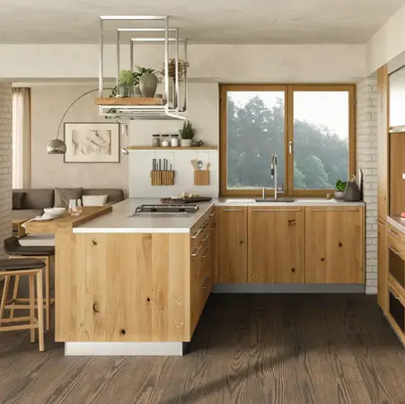 Modern European kitchen with hardwood flooring installed before cabinetry for a seamless, luxury finish.