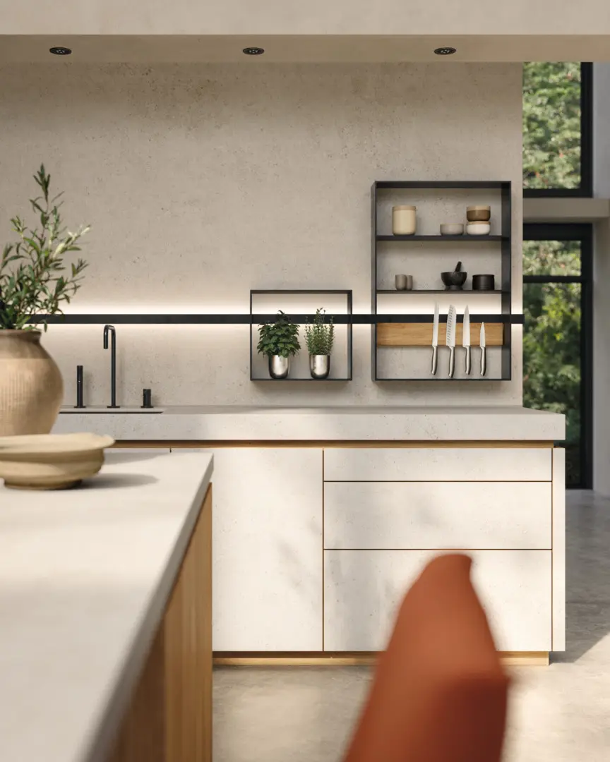 biophilic kitchen ideas showing natural wood surfaces, indoor plants, and nature-inspired design details.