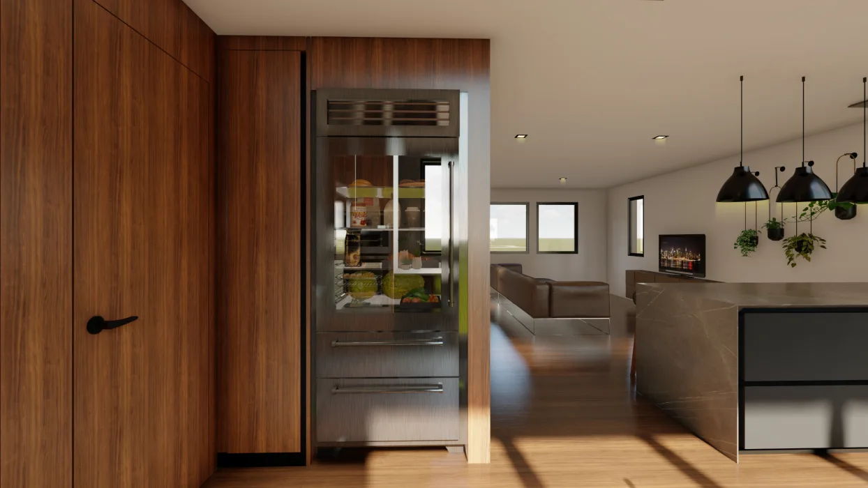 3D rendering of modern kitchen in San Francisco Bay Area with custom cabinetry, integrated refrigerator, and walnut paneling.