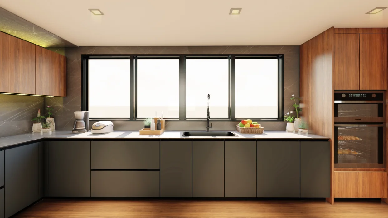 3D rendering of modern kitchen in San Francisco Bay Area with custom cabinetry, integrated refrigerator, and walnut paneling.