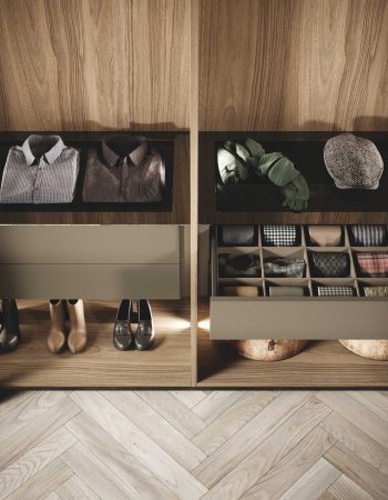 Custom wardrobe interior organization from GF Interiors Naima-S collection showcasing luxury walk-in closet drawers and precision Italian storage compartments.