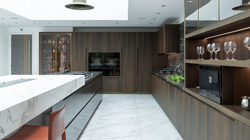 Modern Italian custom cabinets with dark wood veneer cabinets and ceramic marble countertop.