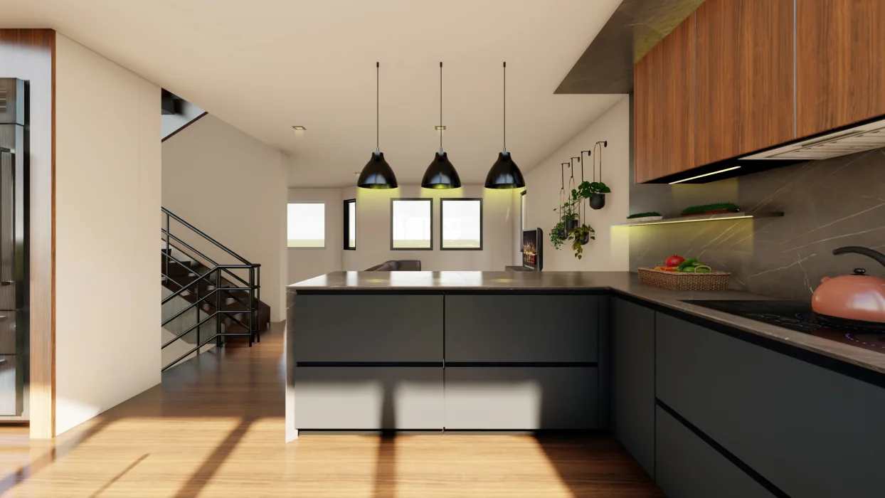 Wide-angle 3D rendering of modern kitchen in San Francisco Bay Area with European style cabinets and custom cabinetry