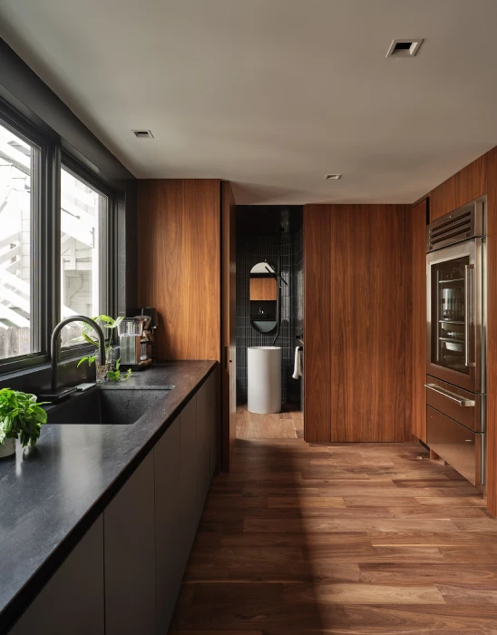 Modern kitchen in San Francisco Bay Area with custom cabinetry, walnut paneling, matte black cabinets, and integrated powder room.