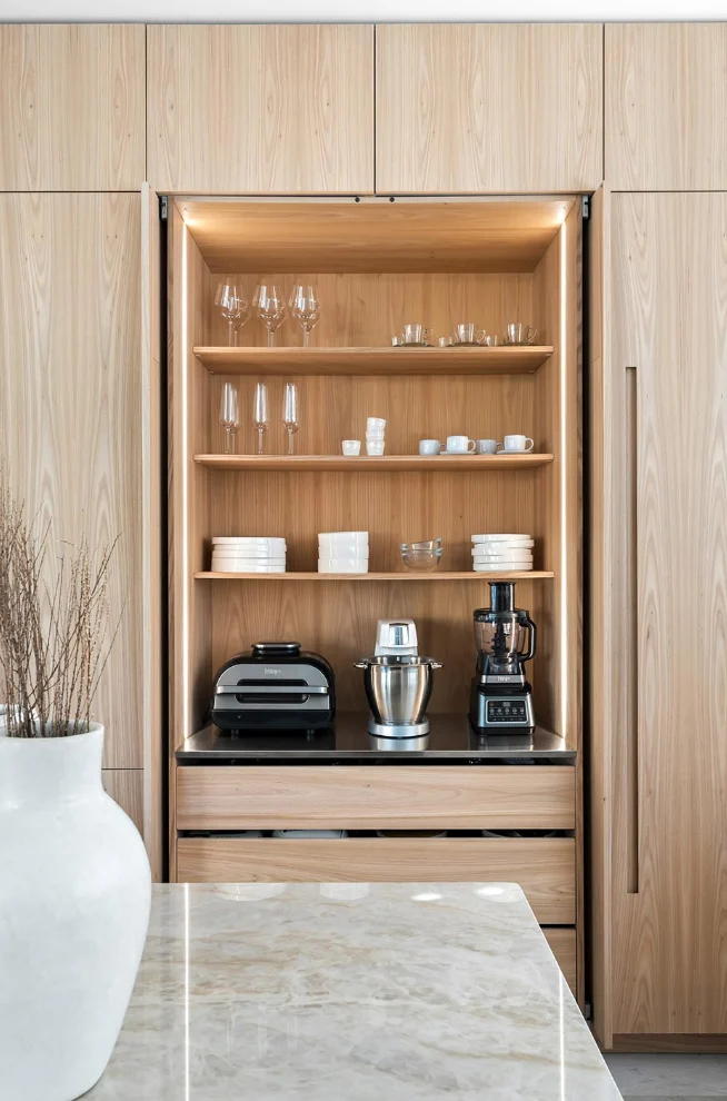 Italian Kitchen Modern kitchen cabinetry with integrated open shelving and concealed storage design