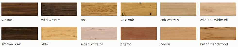 TEAM 7 wood options including walnut, wild walnut, oak, wild oak, smoked oak, alder, cherry and beech