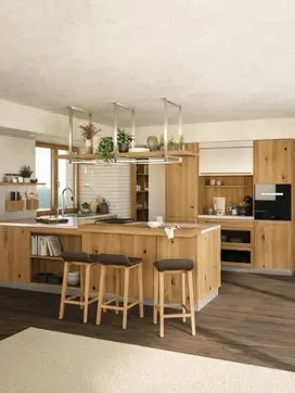 Contemporary TEAM 7 wooden kitchen with solid wood cabinets, island seating, and Austrian craft.