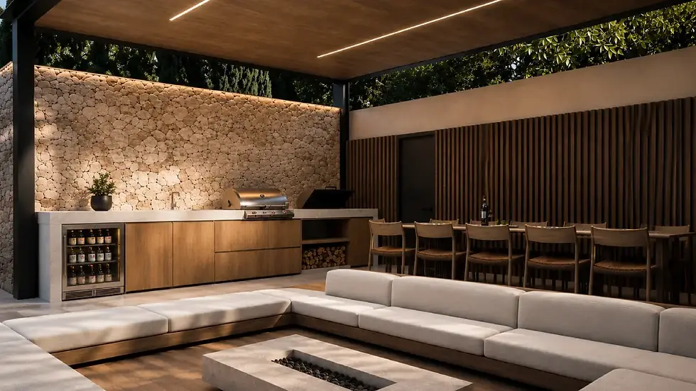 Custom outdoor kitchen cabinets and luxury outdoor living space designed for entertaining and family gatherings.