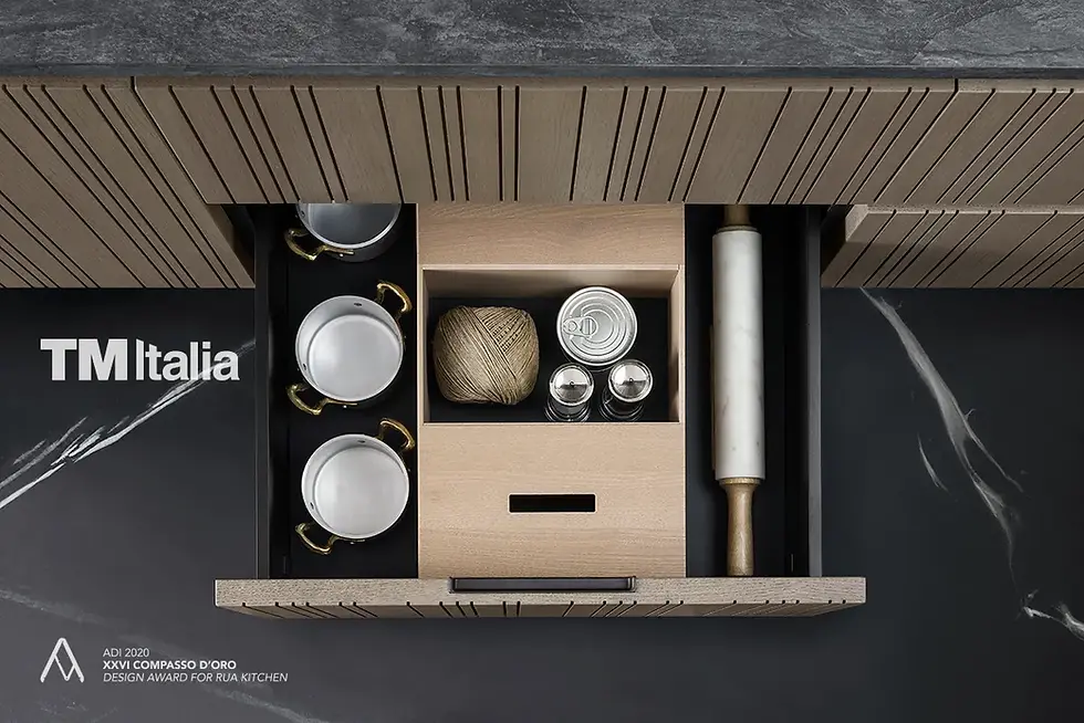 TM Italia RUA kitchen drawer featuring Italian craftsmanship, sustainable materials, and meticulous attention to detail, a hallmark of contemporary luxury cabinetry.