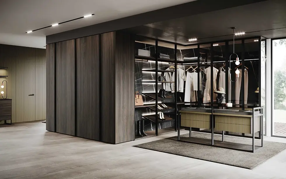 Luxury walk-in closet from GF Interiors Naked with Evans and Always collection featuring glass aluminum wardrobe doors, ribbed wood paneling, integrated LED lighting, and a central walk-in closet island.