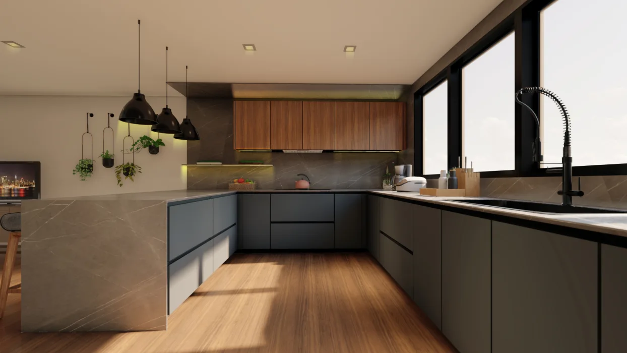 Wide-angle 3D rendering of modern kitchen in San Francisco Bay Area with European style cabinets and custom cabinetry