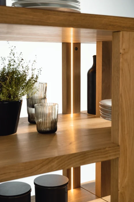  Custom wood kitchen shelving with integrated LED lighting and modern European design details