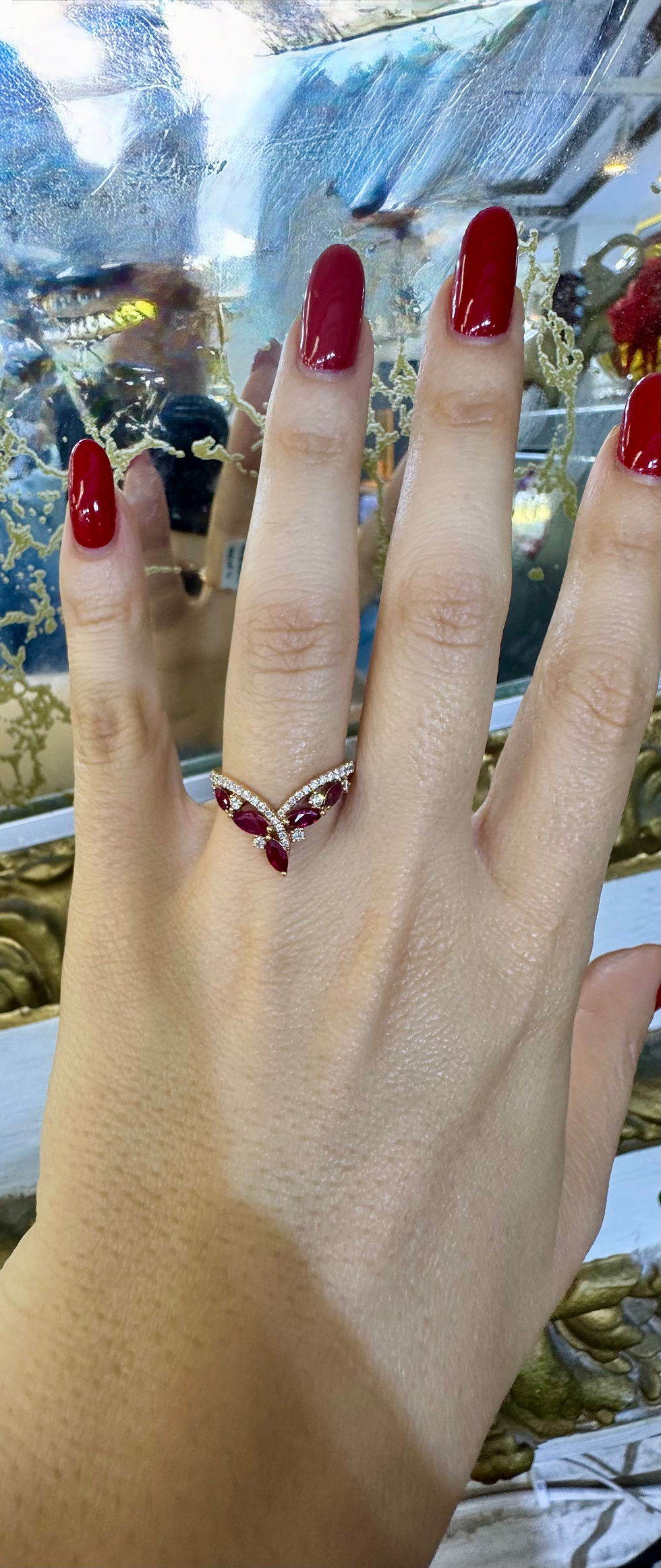 Thumbnail: 18kt Rose Gold Ruby And Diamond V Ring