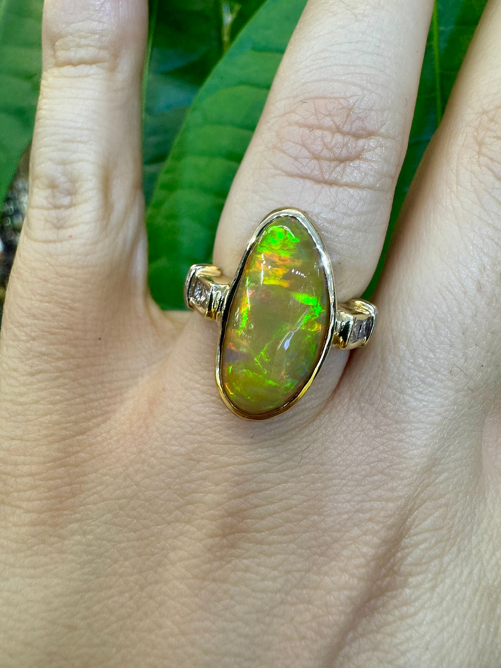 Thumbnail: 14kt Yellow Gold Freeform Ethiopian Opal And Diamond Ring.