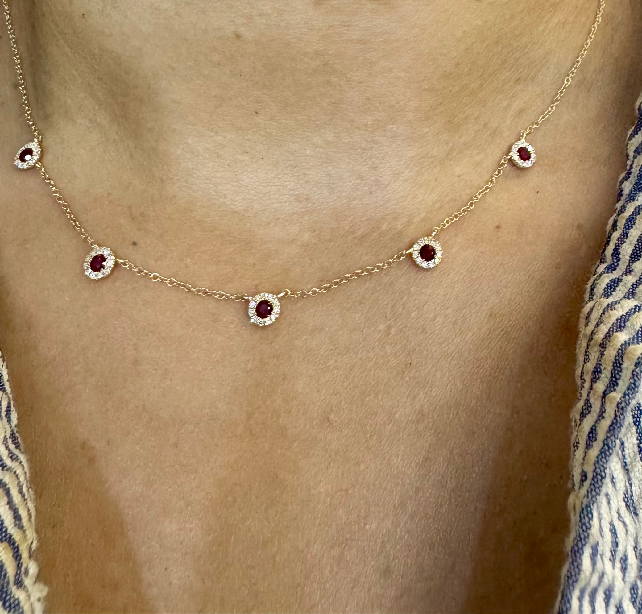 14kt Yellow Gold Ruby And Diamond Halo Station Necklace