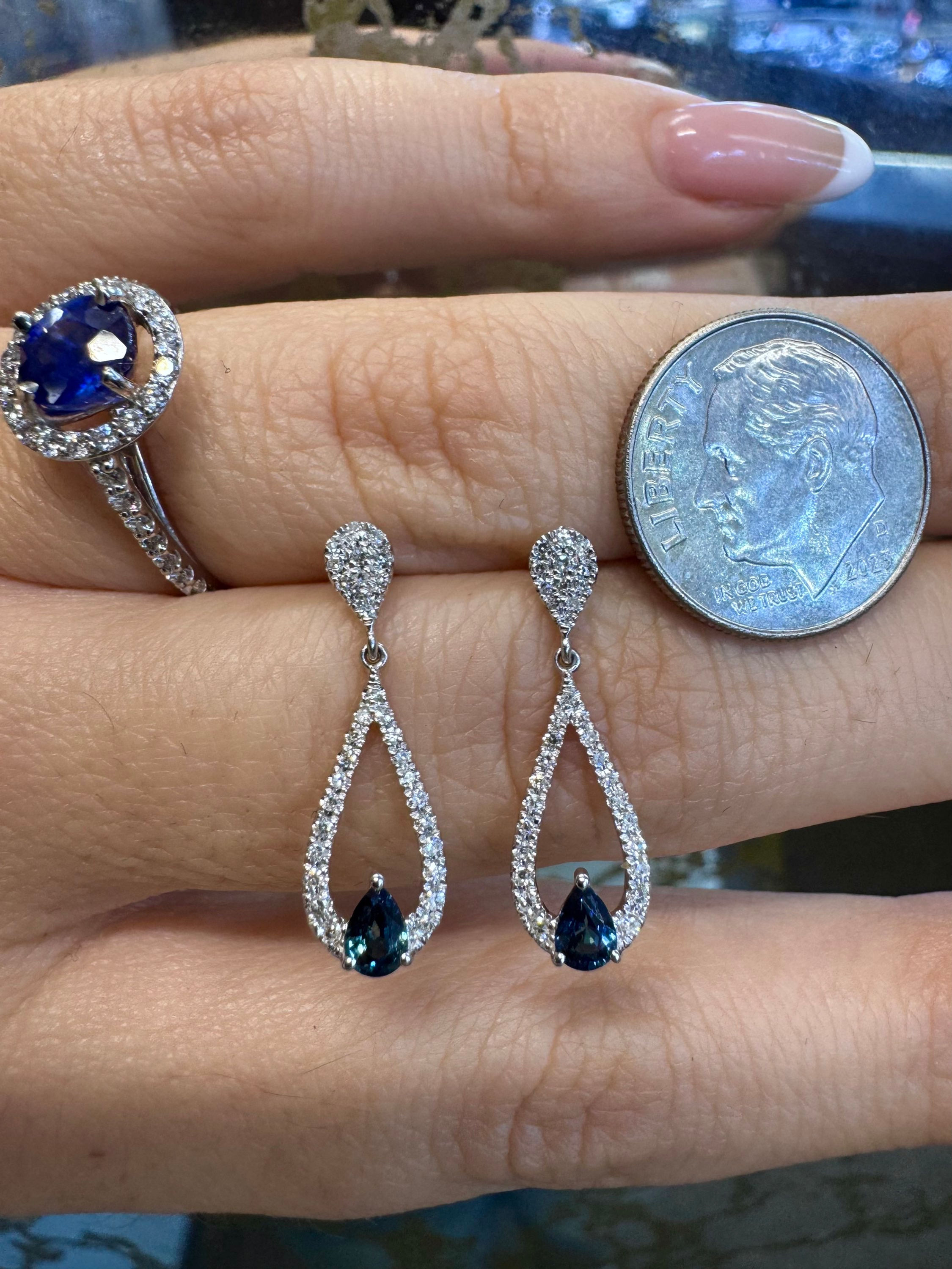 Dainty 14kt White Gold Pear-Shaped Sapphire And Diamond Drop Earrings