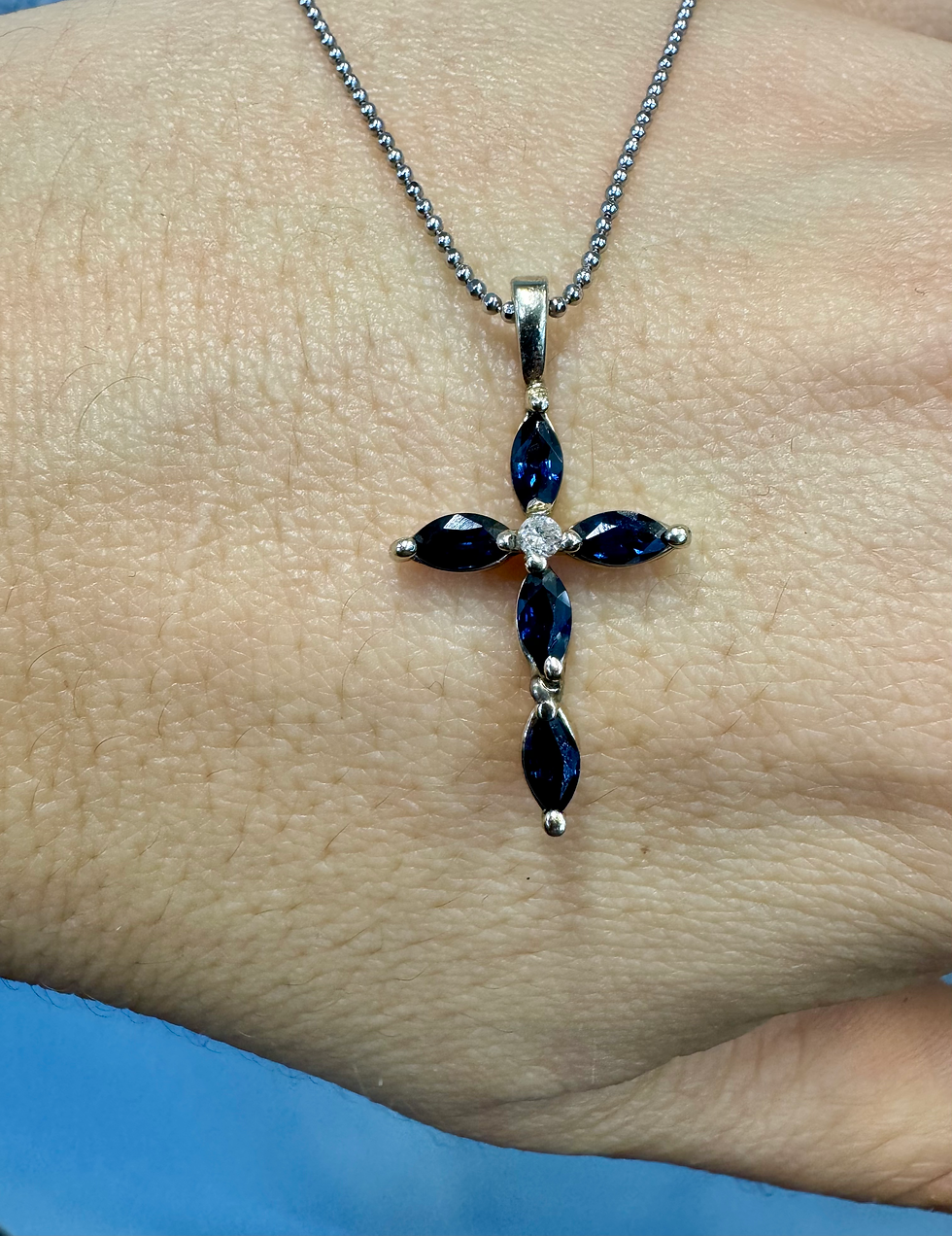 Thumbnail: 14kt White Gold Marquise Blue Sapphire & Round Diamond Cross Necklace