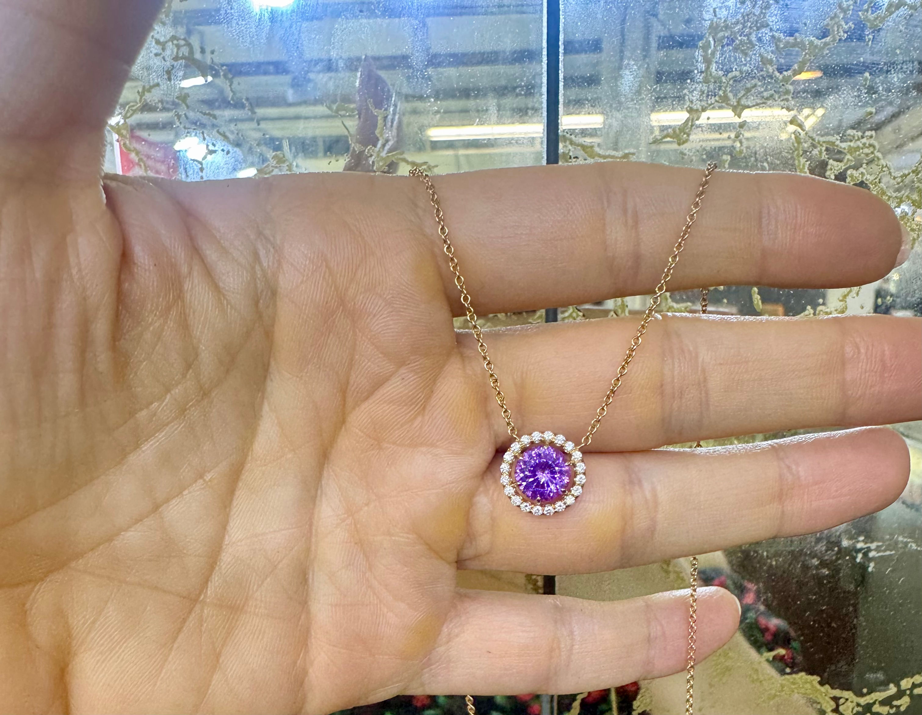 18kt Rose Gold Lavender Amethyst And Diamond Halo Necklace