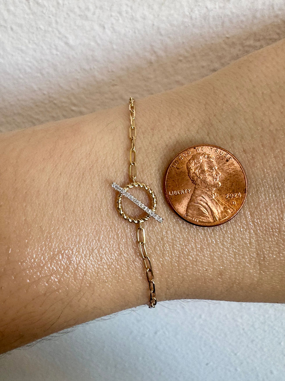 Thumbnail: Dainty 14kt Yellow Gold Toggle Style Diamond Paper Clip Link Bracelet