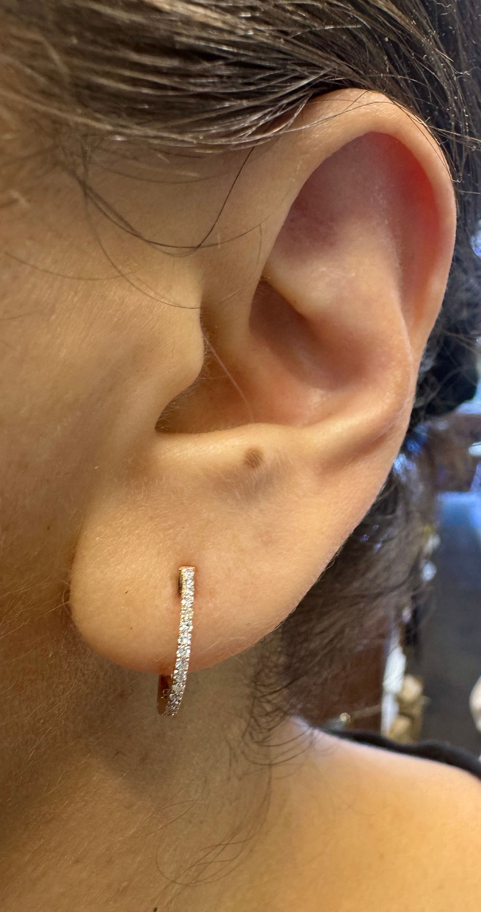 Thumbnail: 14mm 14kt Rose Gold Diamond Huggie Hoop Earrings