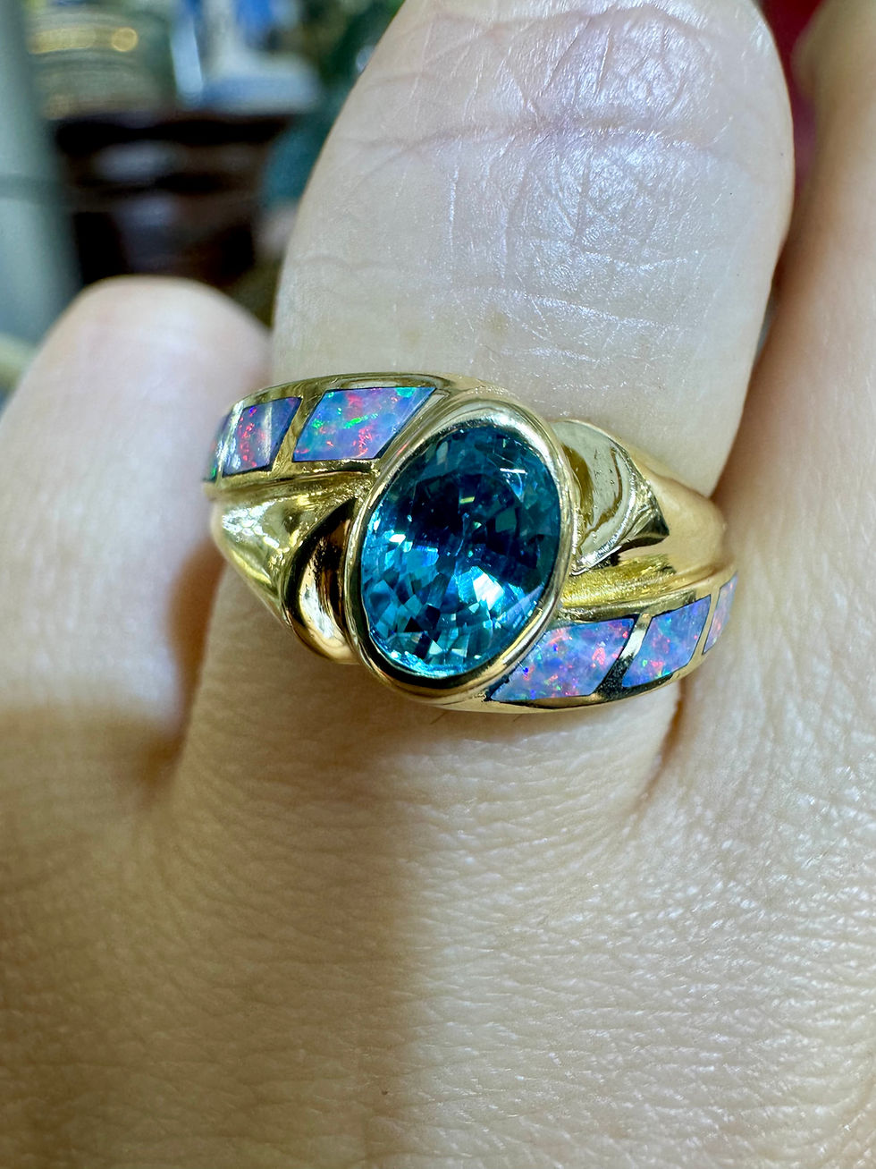 Thumbnail: 14kt Yellow Gold Blue Zircon And Australian Opal Ring