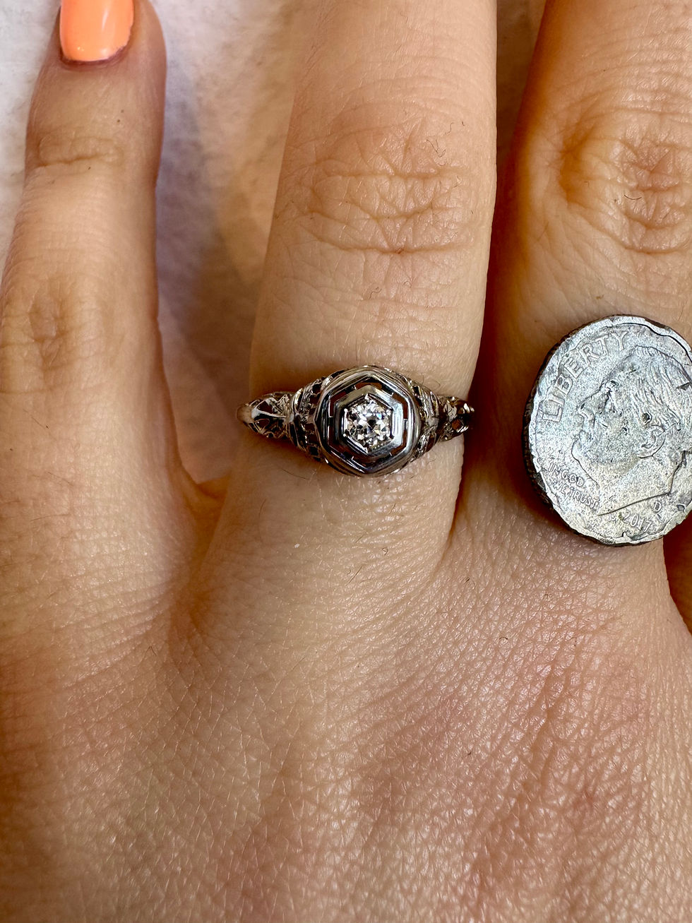 Thumbnail: Dainty 14kt White Gold Art Deco Filigree Diamond Ring