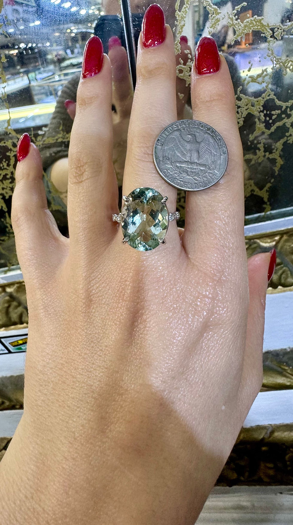 Thumbnail: 14kt White Gold Vintage Style Diamond And Oval Green Amethyst Ring
