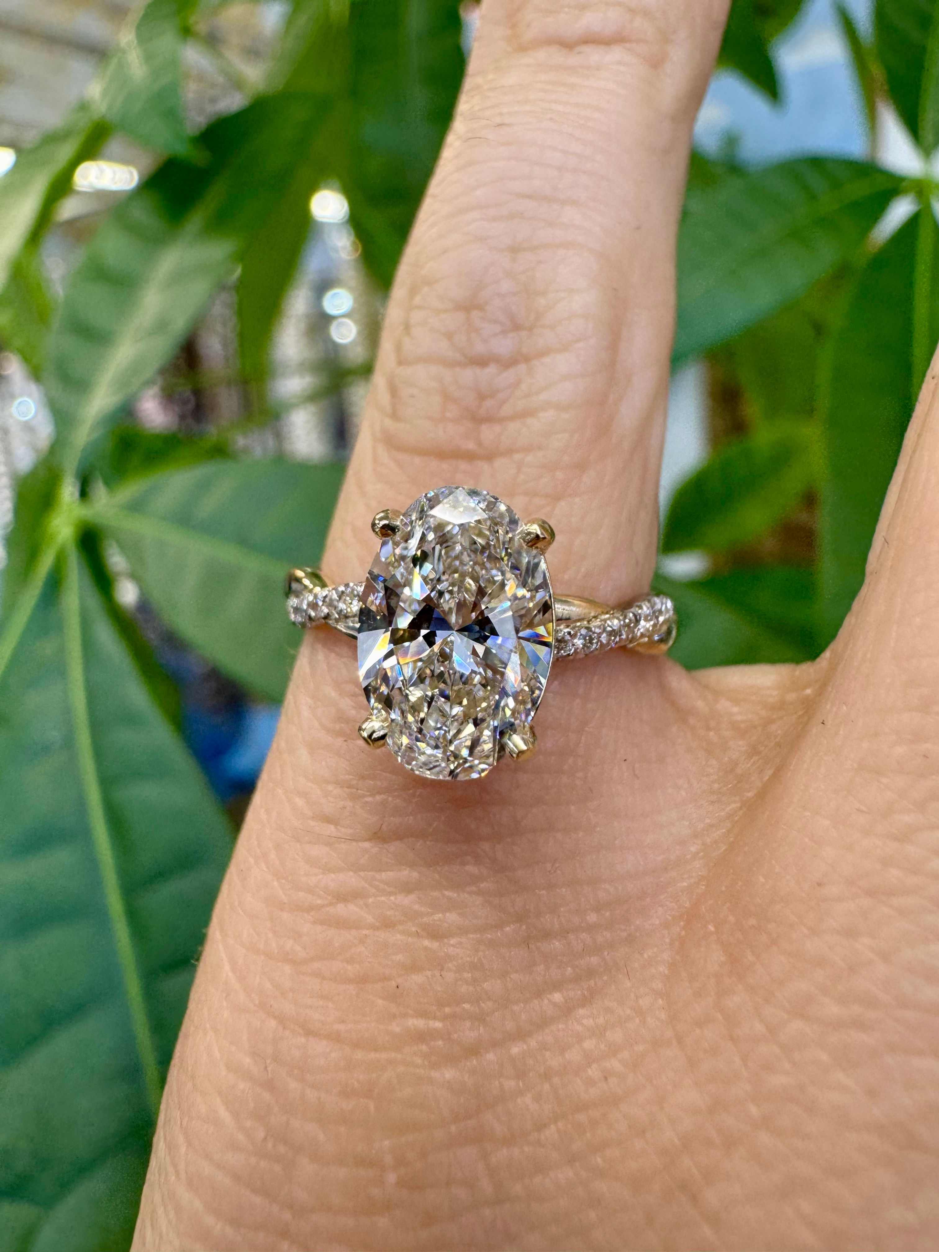 Custom-Made 14kt Yellow Gold Oval Lab Grown Diamond Twisted Pave Set Engagement