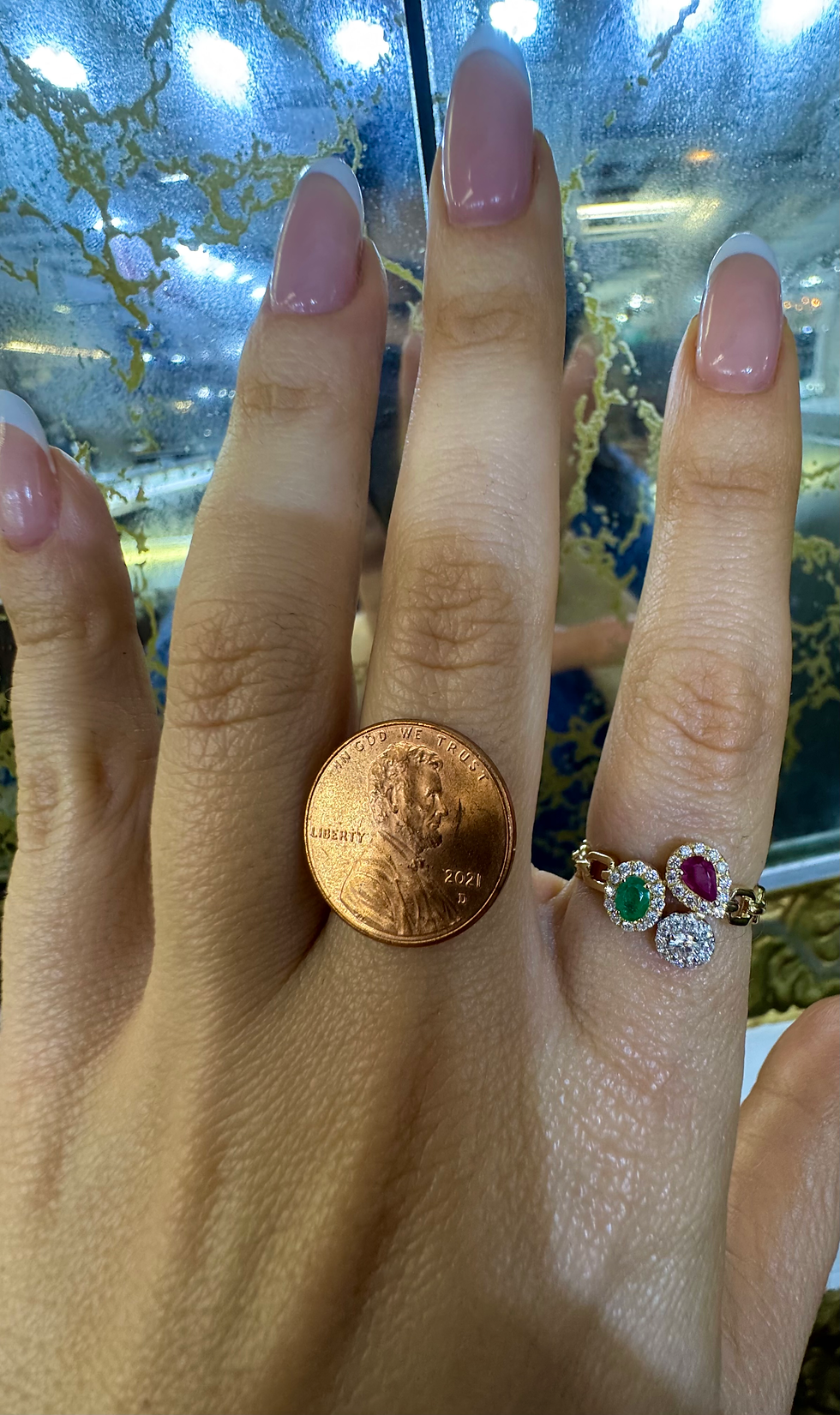 Thumbnail: 14kt Yellow Gold Ruby, Emerald And Diamond Halo Cluster Ring.