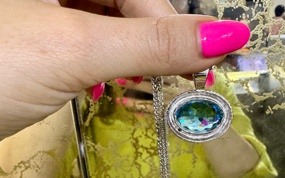 Thumbnail: 14kt White Gold Oval-Shape London Blue Topaz Cable Pendant With Wheat Chain