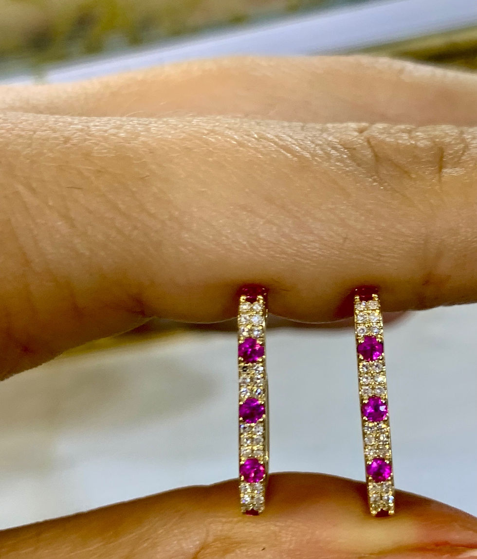 Thumbnail: 14kt Yellow Gold Diamond And Pink Sapphire J Hoop Earrings