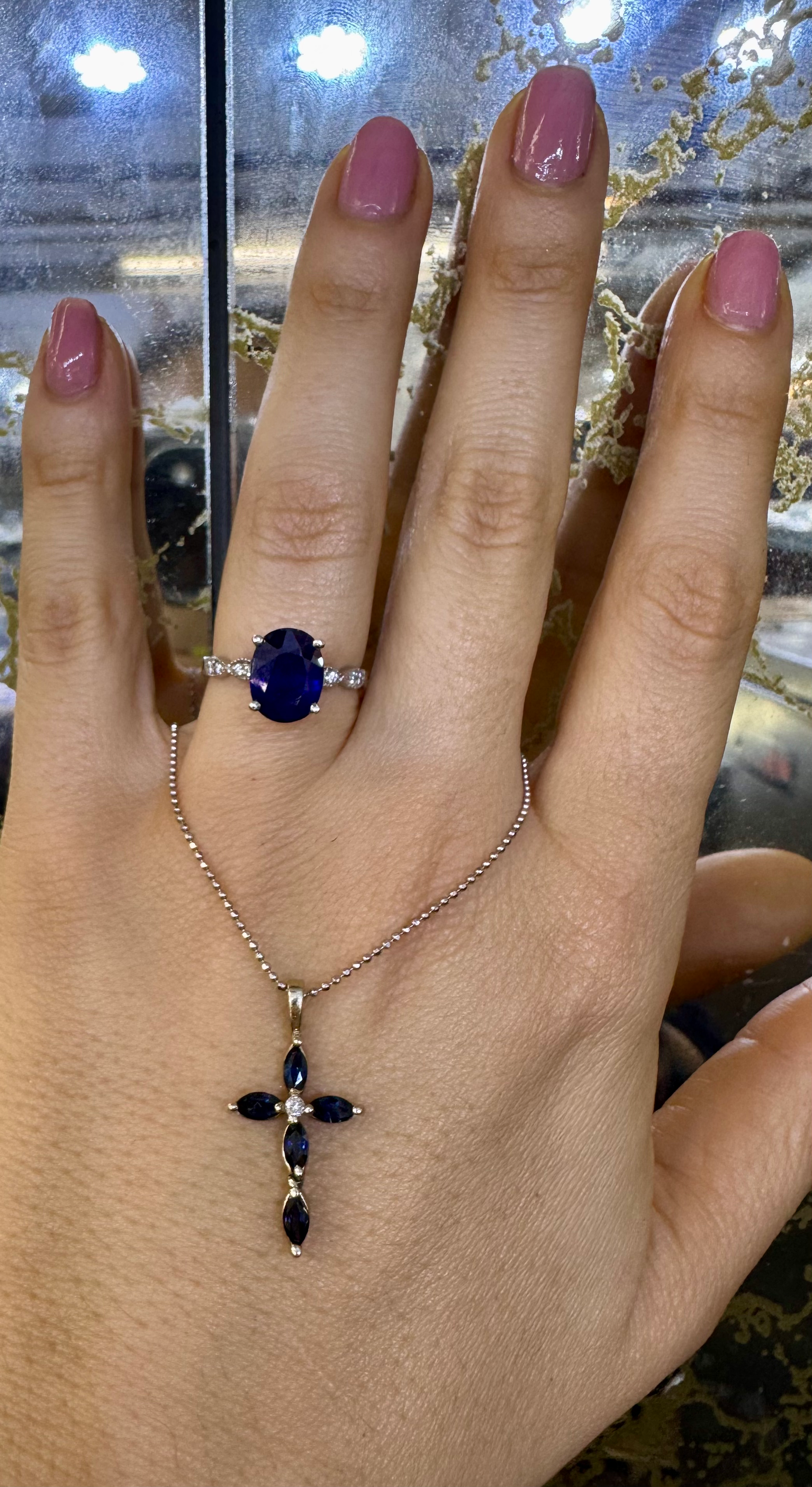 14kt White Gold Marquise Blue Sapphire & Round Diamond Cross Necklace