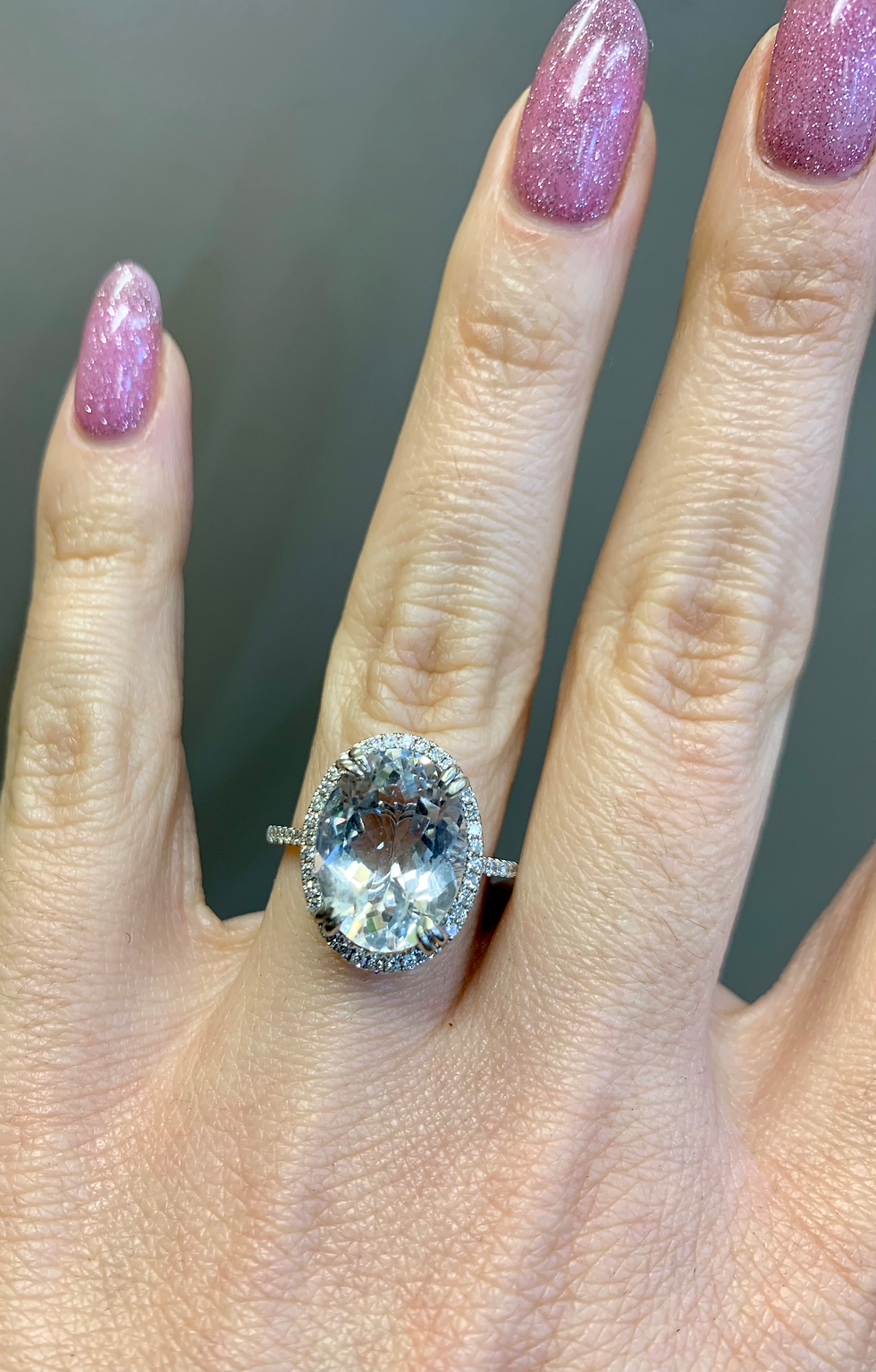 Thumbnail: 14kt White Gold Halo Style Oval White Topaz And Diamond Engagement Ring Active