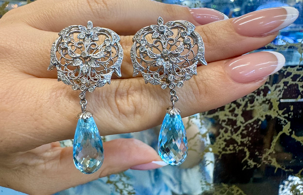 Thumbnail: Vintage Style 14kt White Gold Filigree Briolette Sky Blue Topaz And Diamond Earr