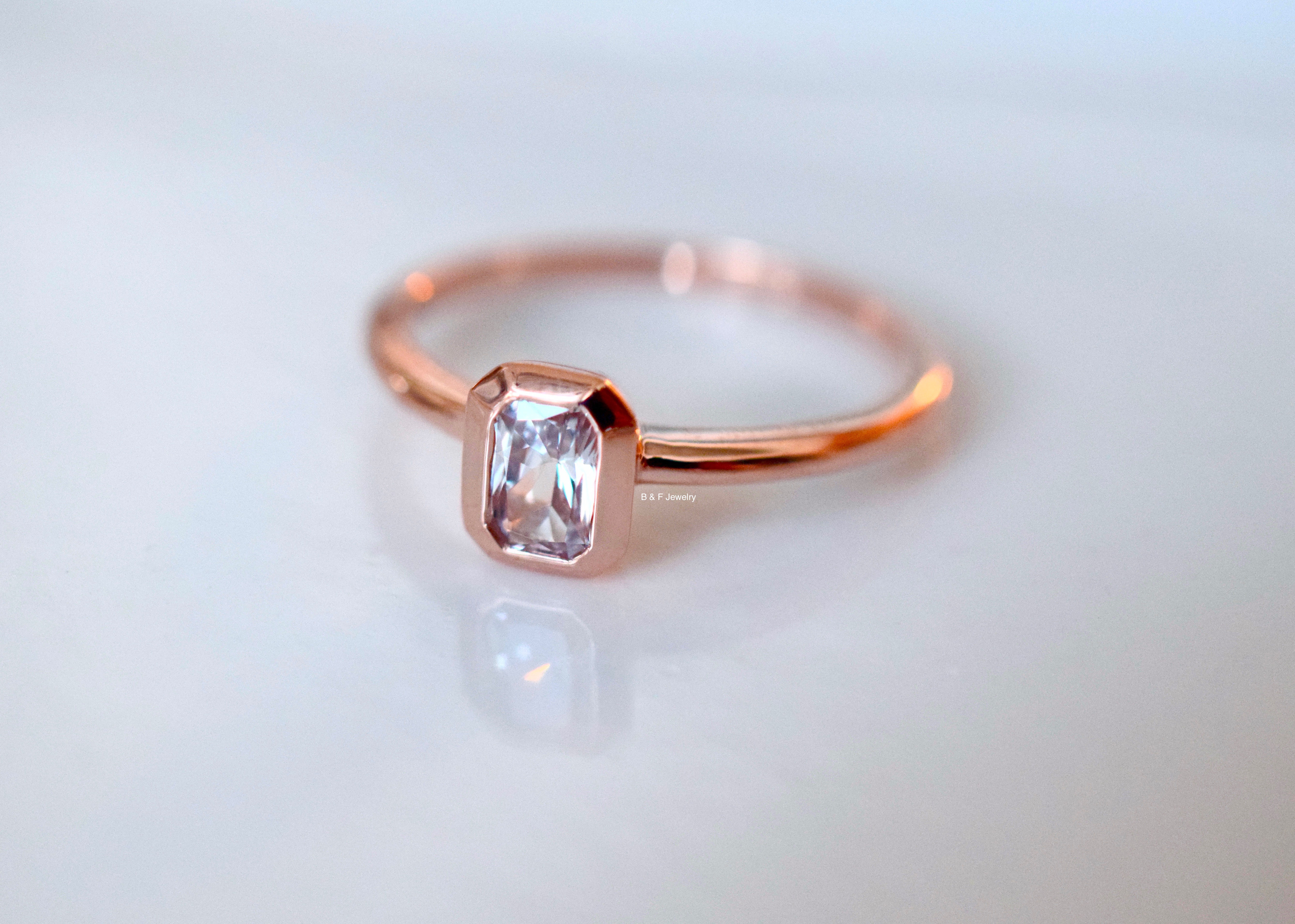 Any Color 14kt Gold Bezel Set Emerald Cut Lab-Diamond Solitaire Ring