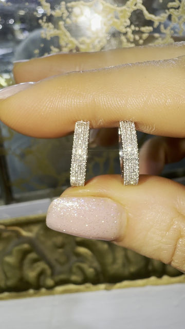 Thumbnail: 14kt White Gold Three Row Diamond 14mm Huggie Hoop Earrings