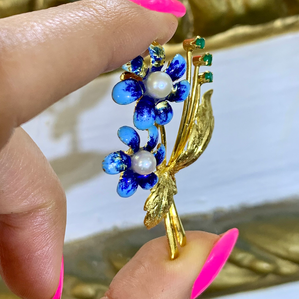 Thumbnail: Vintage 18kt Yellow Gold Enamel, Emerald And Pearl Floral Brooch