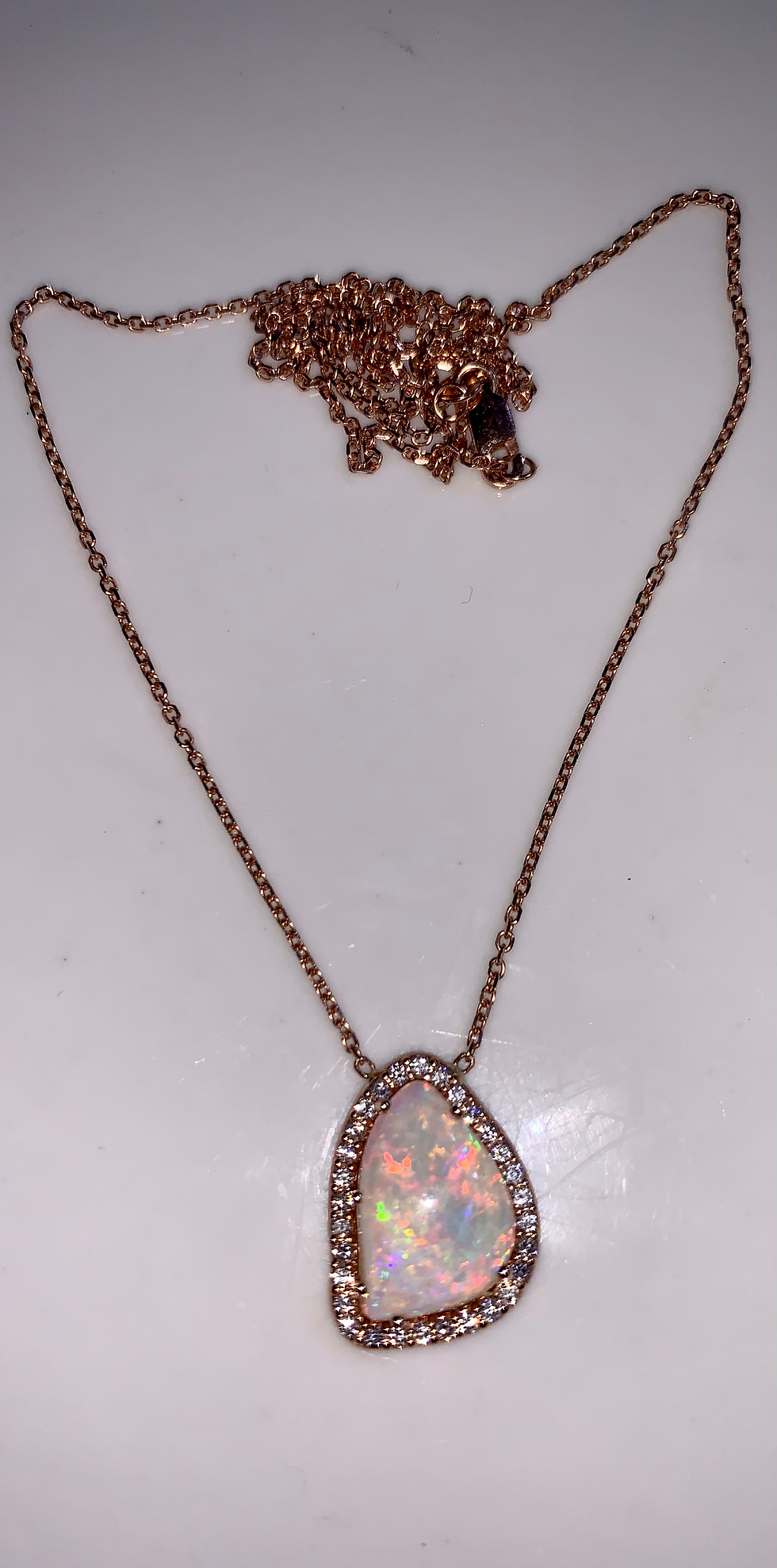 Thumbnail: 14kt Rose Gold Halo-Style Opal And Diamond Abstract Necklace