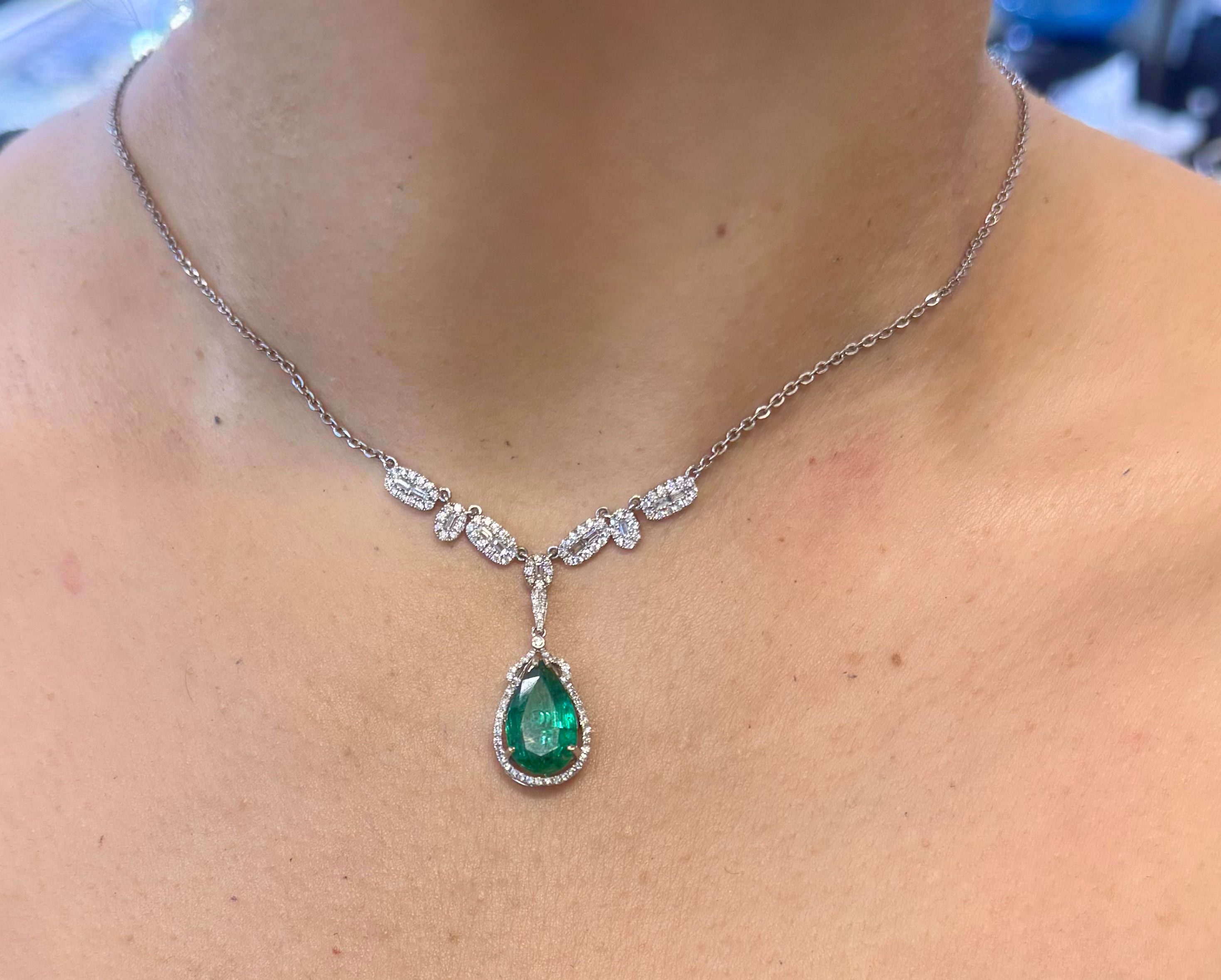 14kt White Gold Emerald And Diamond Drop Necklace