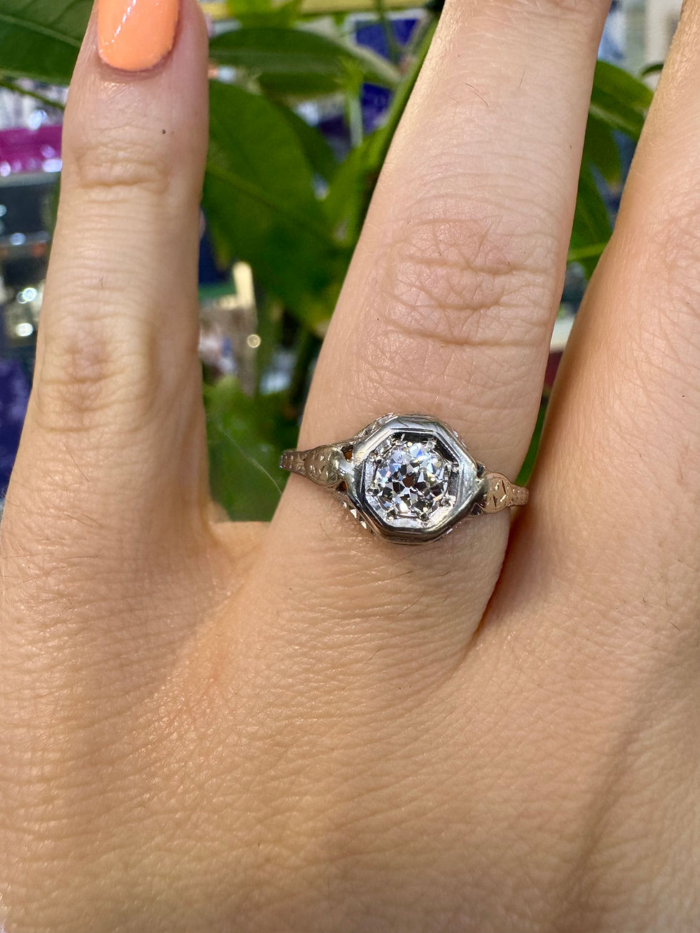 Thumbnail: 14kt White Gold Art Deco Filigree Diamond Engagement Ring
