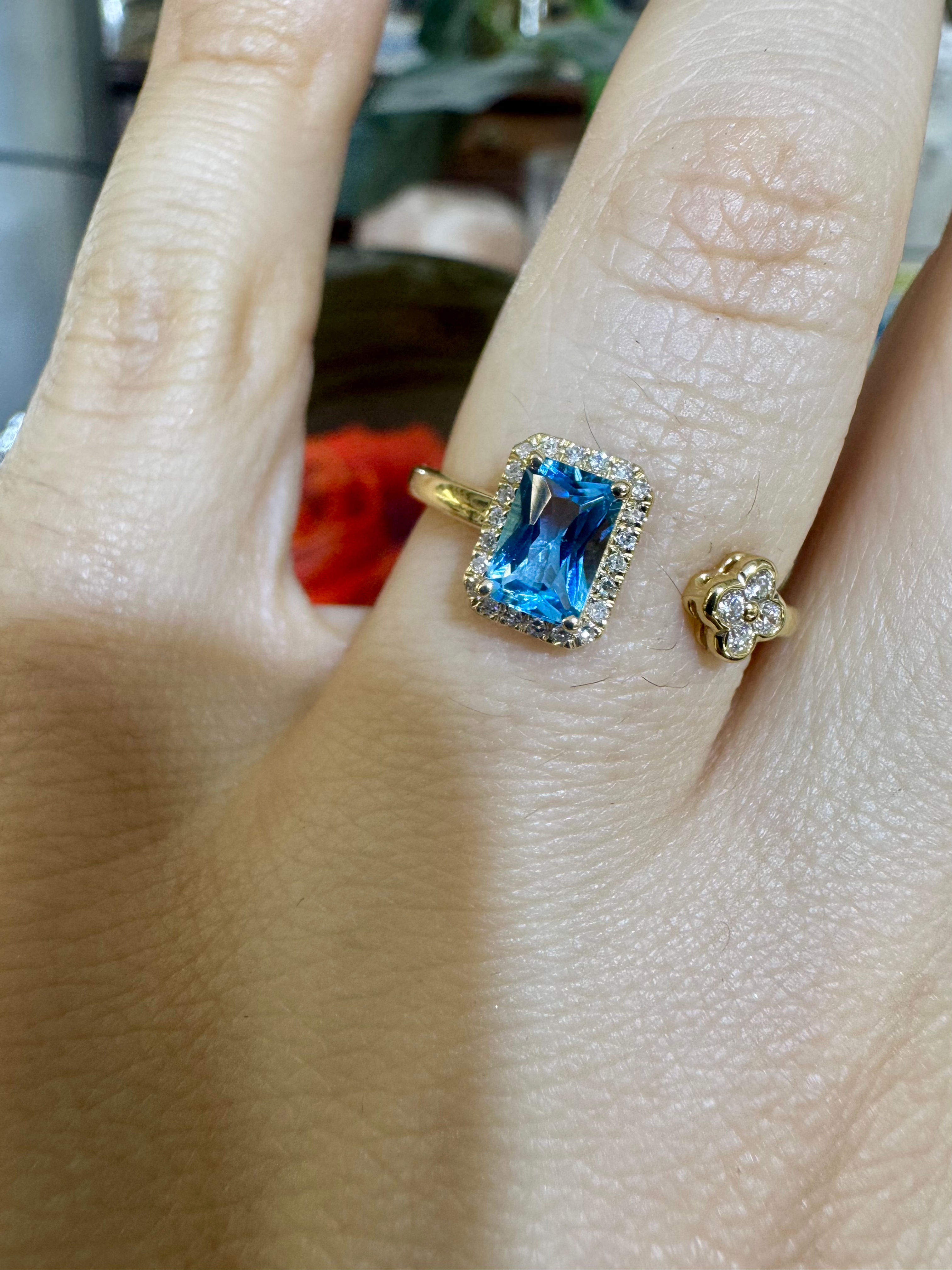 Dainty 14kt Yellow Gold Swiss Blue Topaz And Diamond Clover Open Cuff Ring
