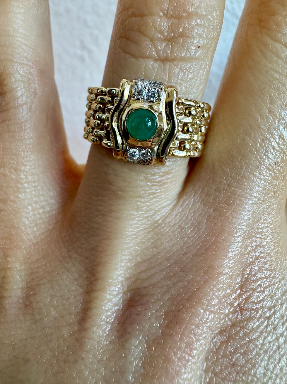 Thumbnail: 18kt Yellow Gold Emerald And Diamond Flexible Chain Link Band.