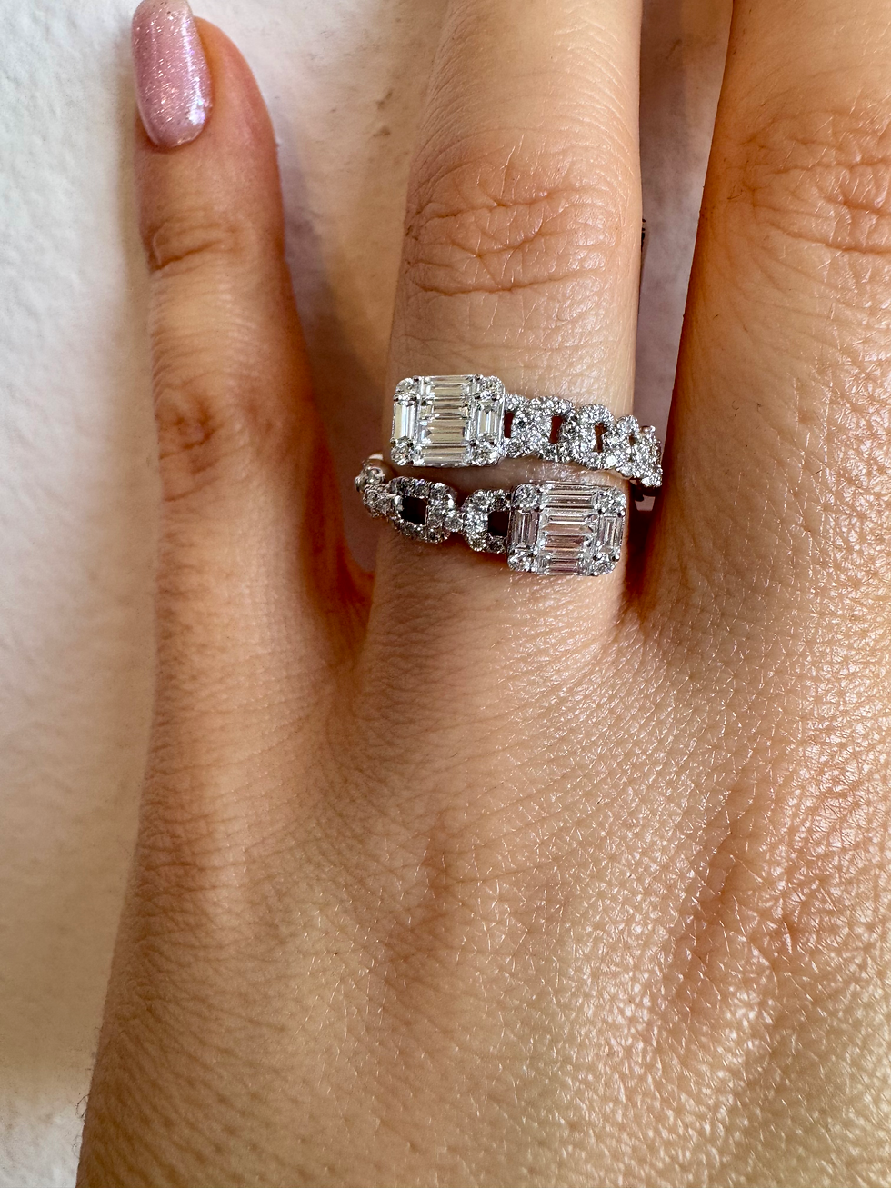 Thumbnail: 14kt White Gold Baguette Diamond Bypass Ring