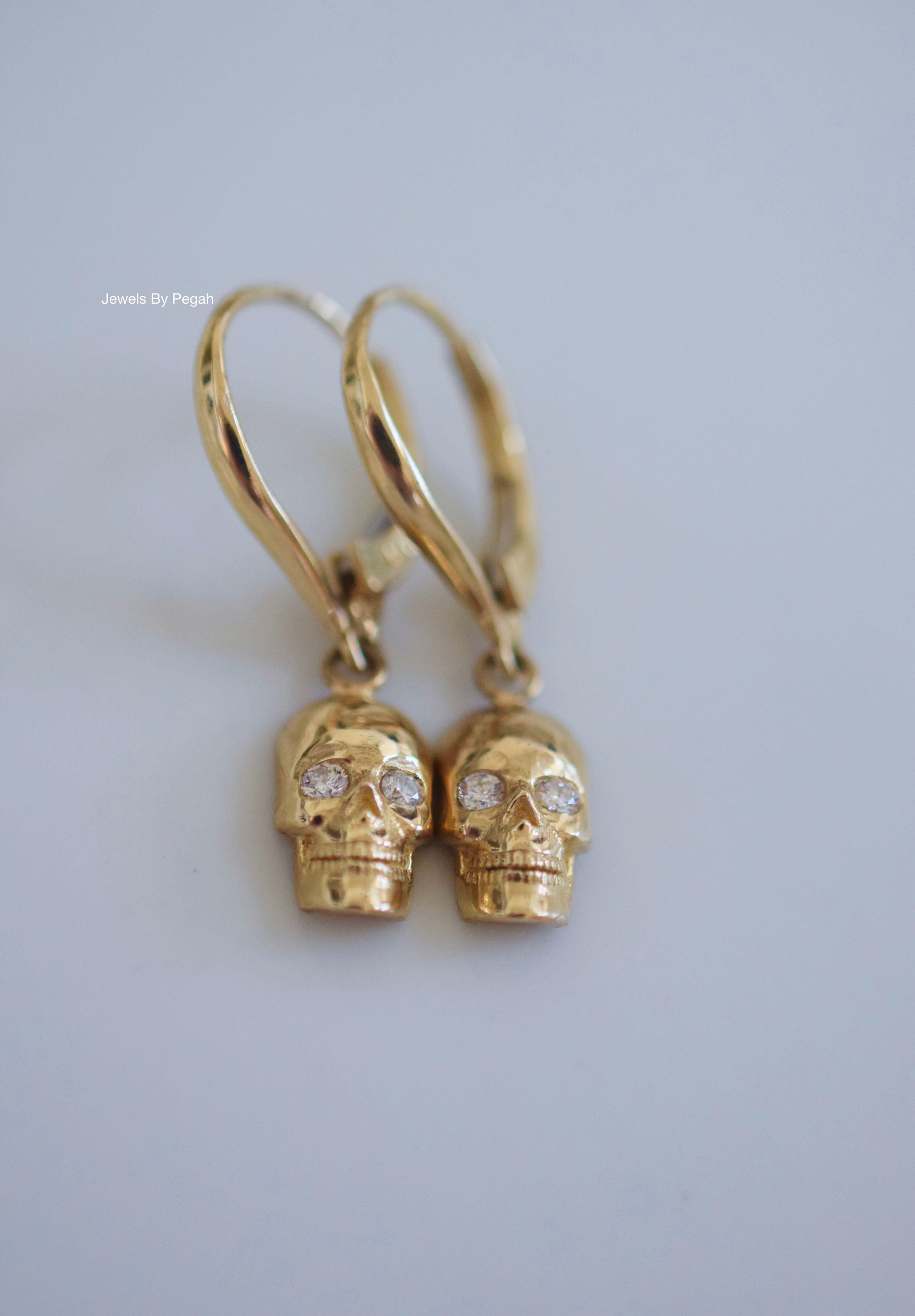 14K Yellow Gold Diamond Skull Earrings