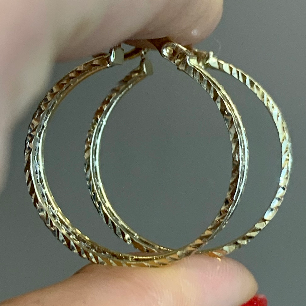 Thumbnail: Light Weight 14K Bi-Color Gold Greek Key Hoop Earrings