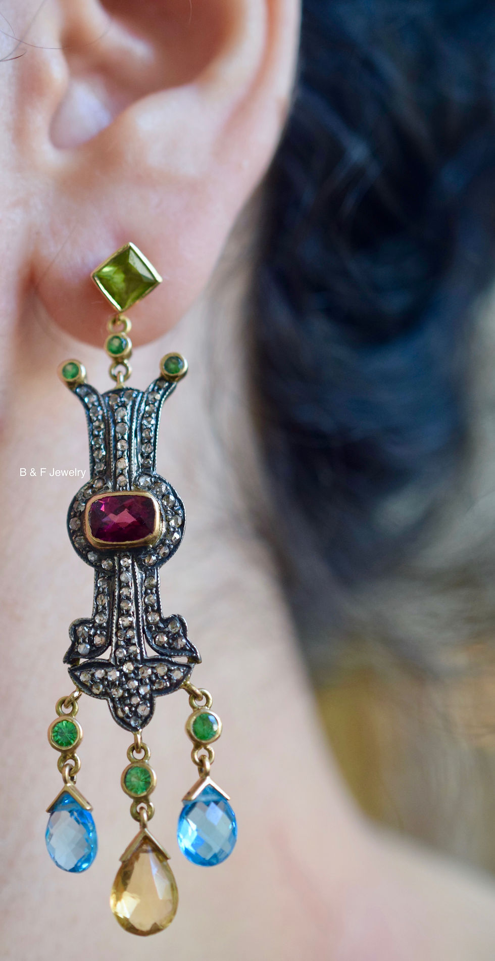 Thumbnail: 14kt Yellow Gold And Silver Multi-Gemstone Chandelier Earrings