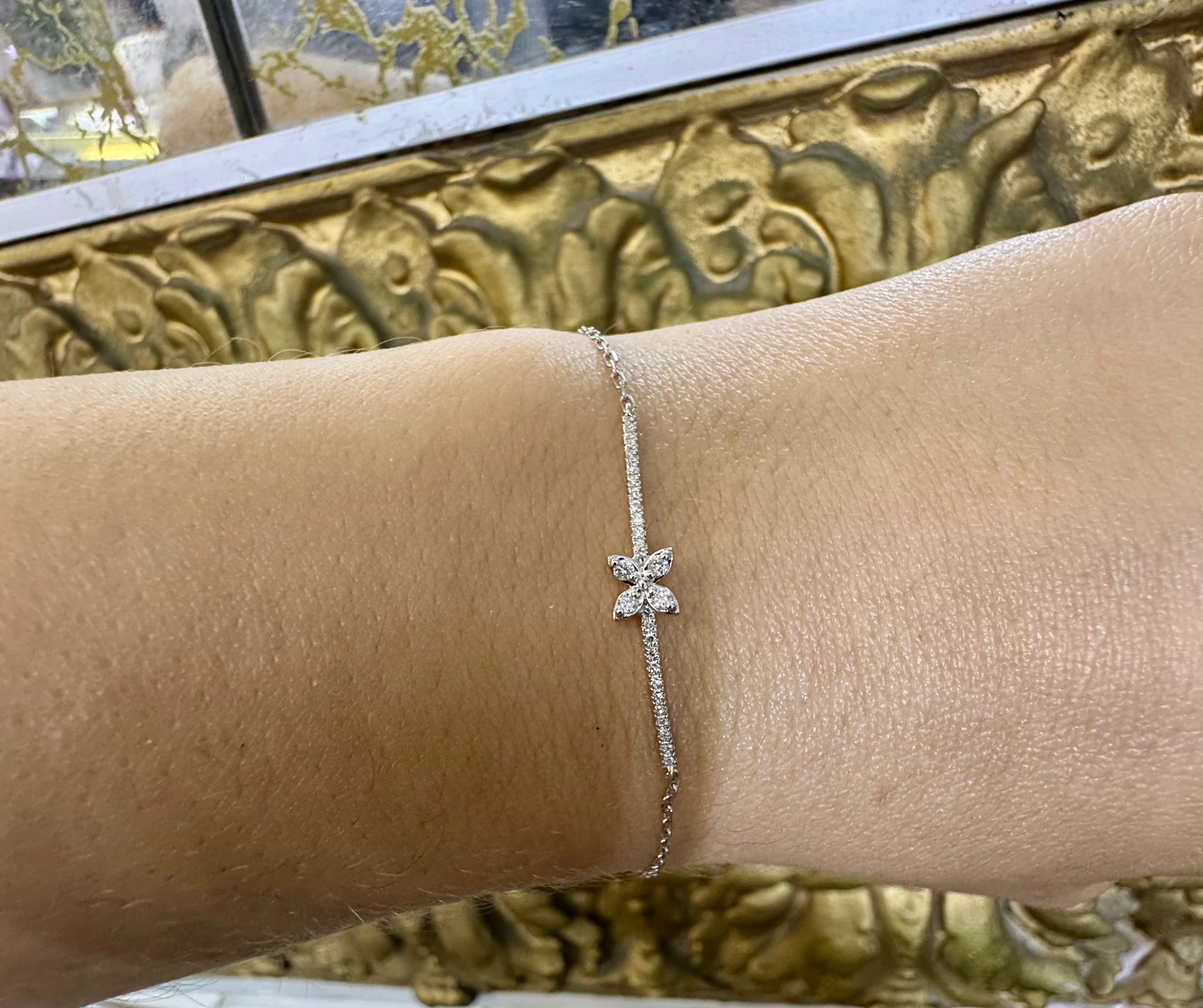 14kt White Gold Floral Diamond Bar Bracelet Has Matching Ring And Necklace
