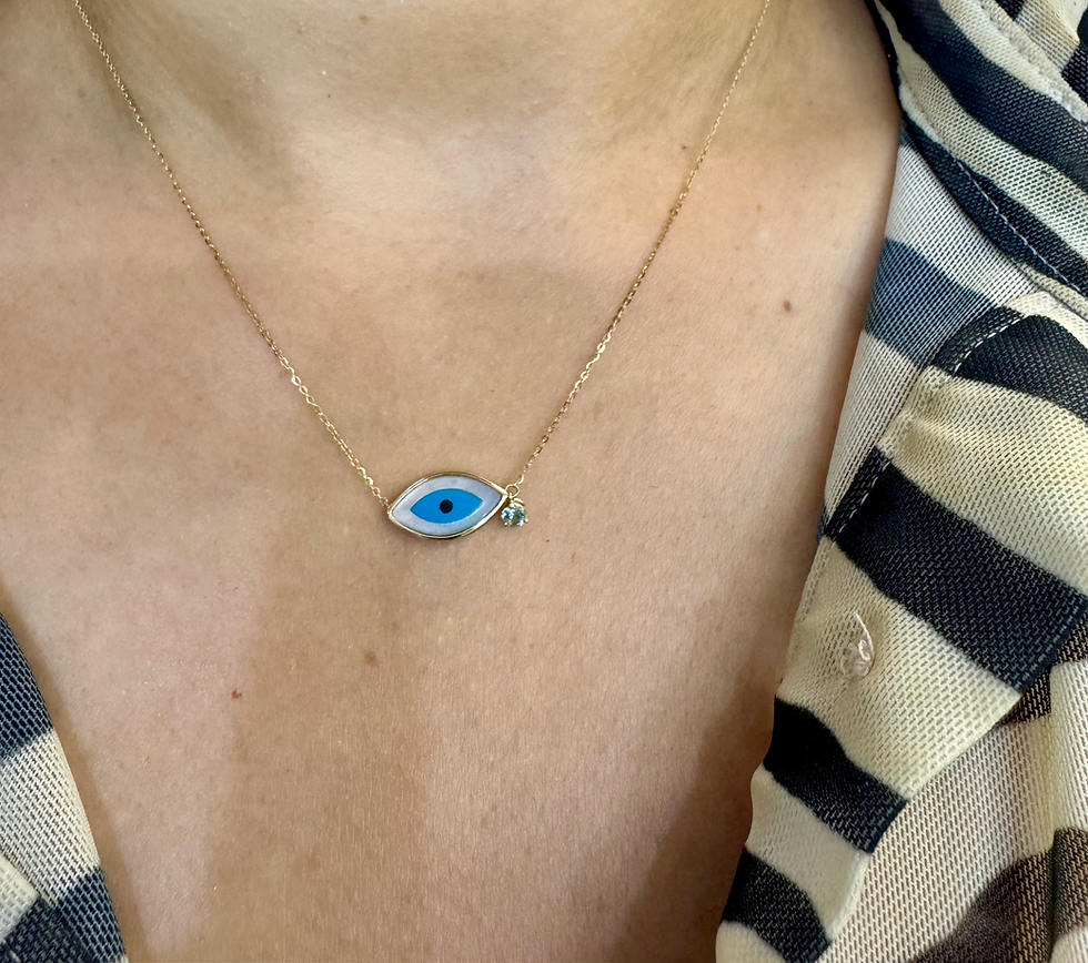 Thumbnail: Dainty 14kt Yellow Gold Blue Tourmaline And Mother Of Pearl Evil Eye Necklace