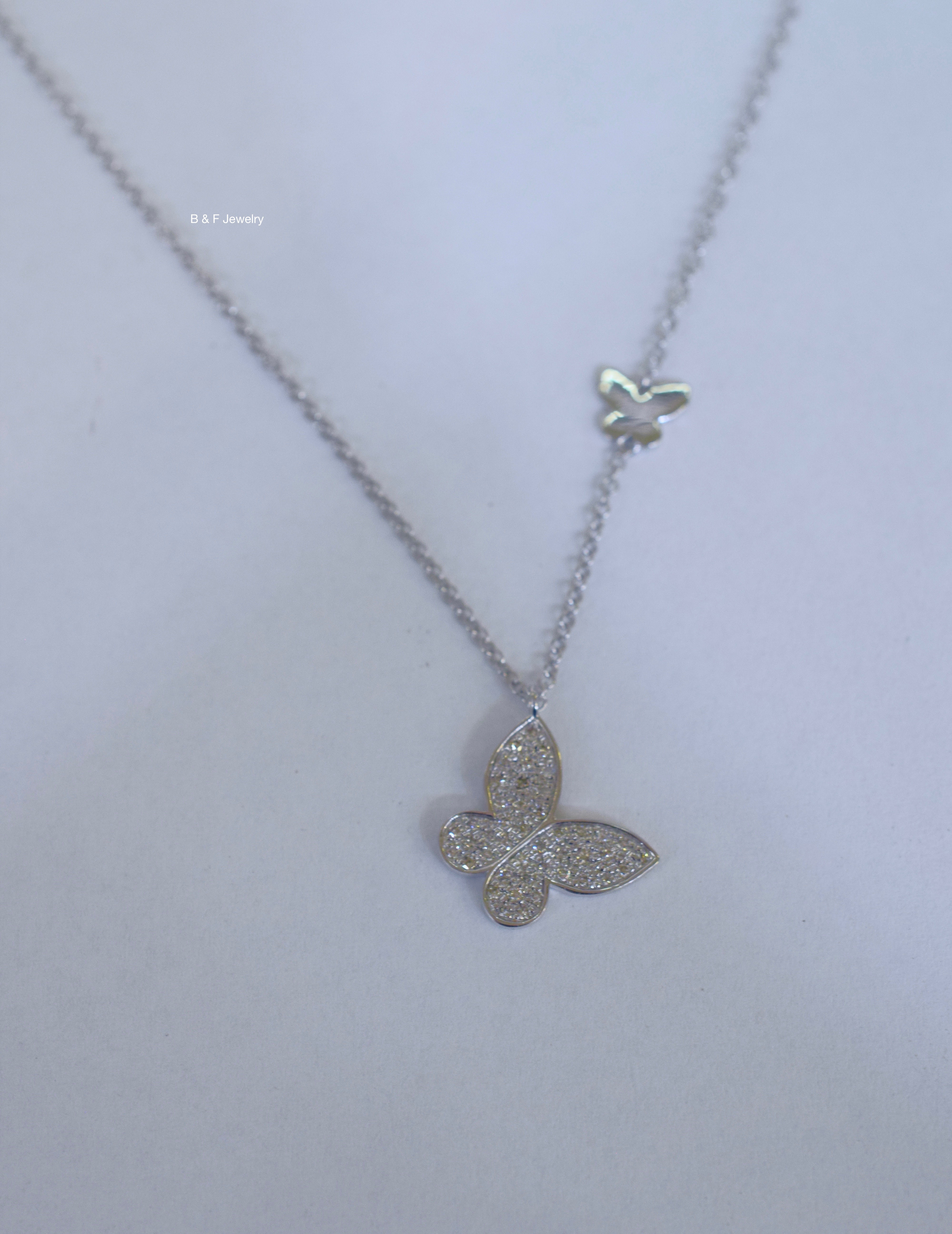 14K White Gold Diamond Double Butterfly Necklace