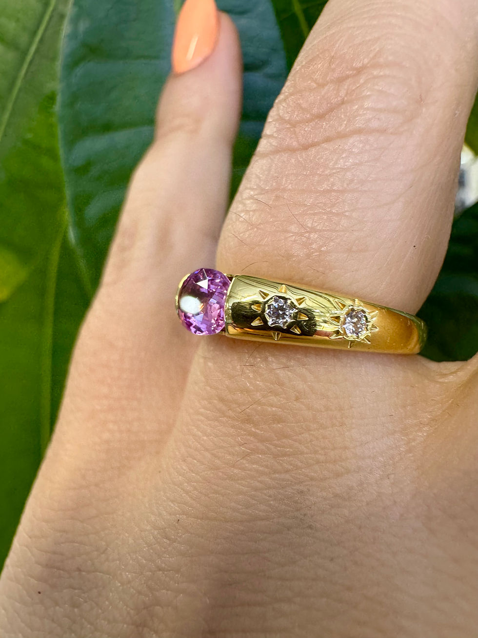 Thumbnail: 18kt Yellow Gold Pink Sapphire And Diamond Ring